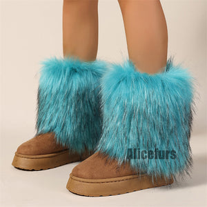 winter y2k suede boots with fur cuffs for women in turquoise Alicefurs