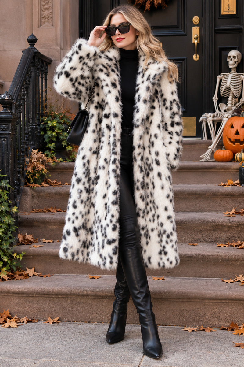 Women's Dalmatian Faux Fur Coat Belted Animal Print Long Overcoat