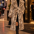 Women's Long Snow Leopard Faux Fur Coat with Belt