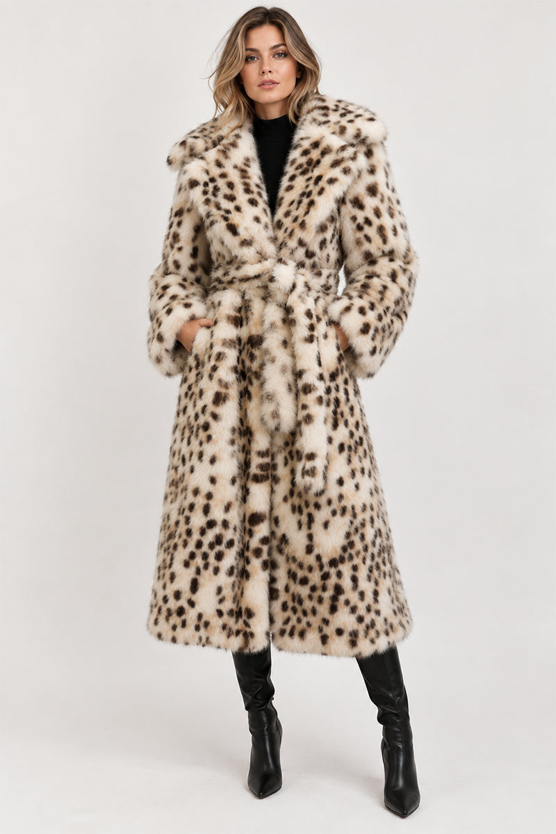 Women's Long Snow Leopard Faux Fur Coat with Belt