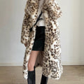 Women’s Snow Leopard Faux Fur Coat – Long Plush Overcoat with Shawl Collar
