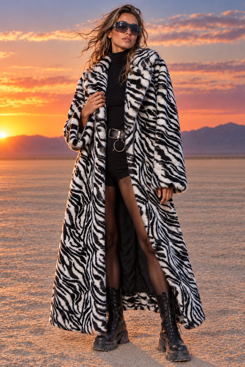Women’s Zebra Faux Fur Coat Full Length Black & White Overcoat