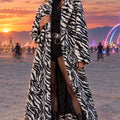 Women’s Zebra Faux Fur Coat – Full Length Black & White Overcoat