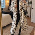 Women's Dalmatian Faux Fur Coat Belted Animal Print Long Overcoat