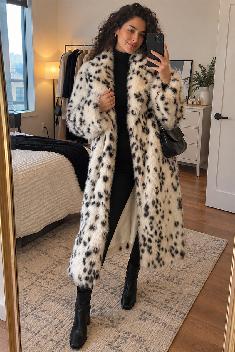 Women's Dalmatian Faux Fur Coat Belted Animal Print Long Overcoat