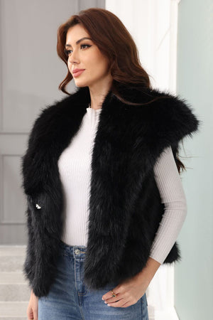 womens faux fur vest with waterfall collar in black 2 Alicefurs