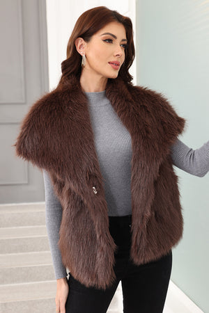 womens faux fur vest with waterfall collar in chocolate brown 2 Alicefurs