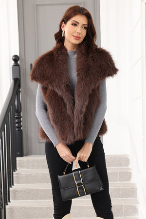 womens faux fur vest with waterfall collar in chocolate brown 3 Alicefurs