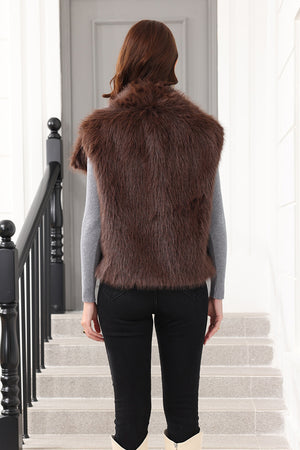 womens faux fur vest with waterfall collar in chocolate brown 4 Alicefurs