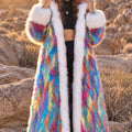 Women's Multicolor Maxi Faux Fur Coat with White Trim & Hood