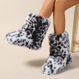 y2k faux fur boots in leopard print for women in black and white 1 Alicefurs
