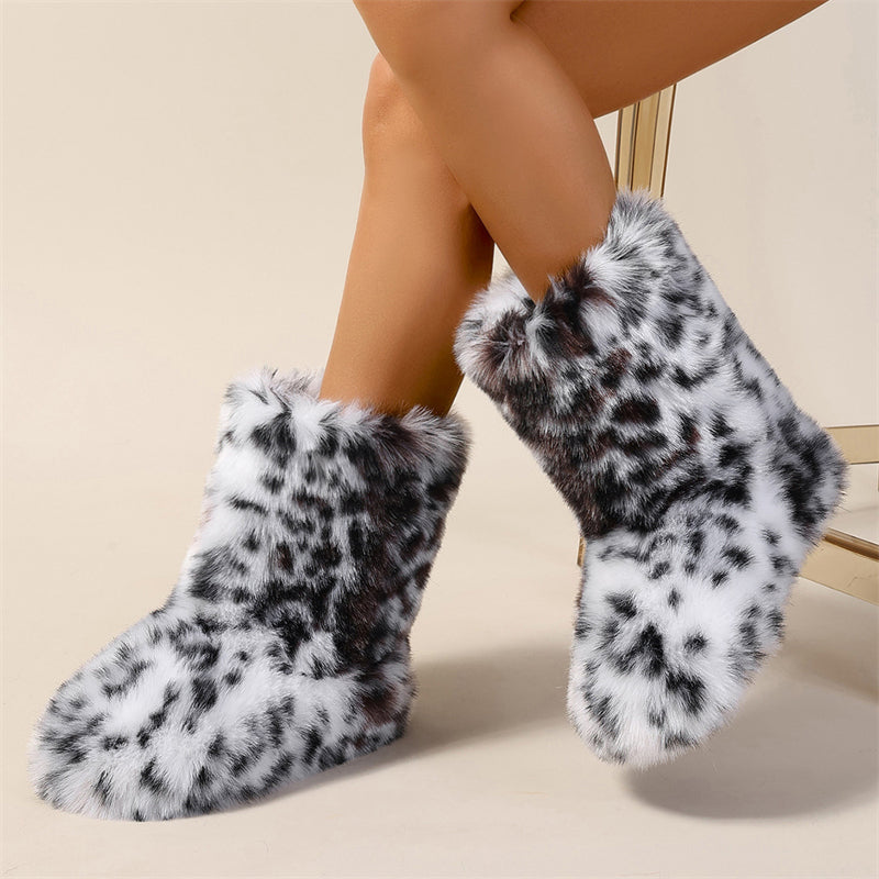 Y2K Faux Fur Boots in Leopard Print for Women