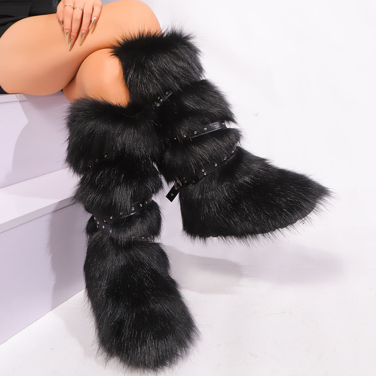 Y2K Faux Fur Boots with Adjustable Buckle Straps for Women