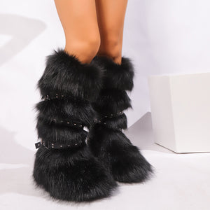 y2k faux fur boots with adjustable buckle straps for women in black 7 Alicefurs
