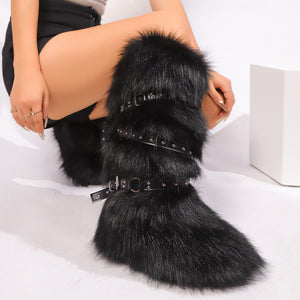 y2k faux fur boots with adjustable buckle straps for women in black 8 Alicefurs