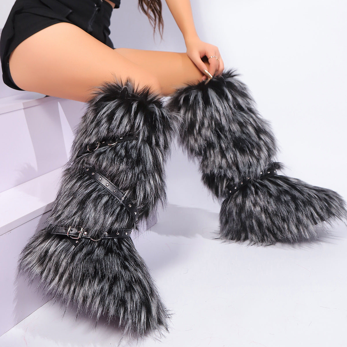 Y2K Faux Fur Boots with Adjustable Buckle Straps for Women