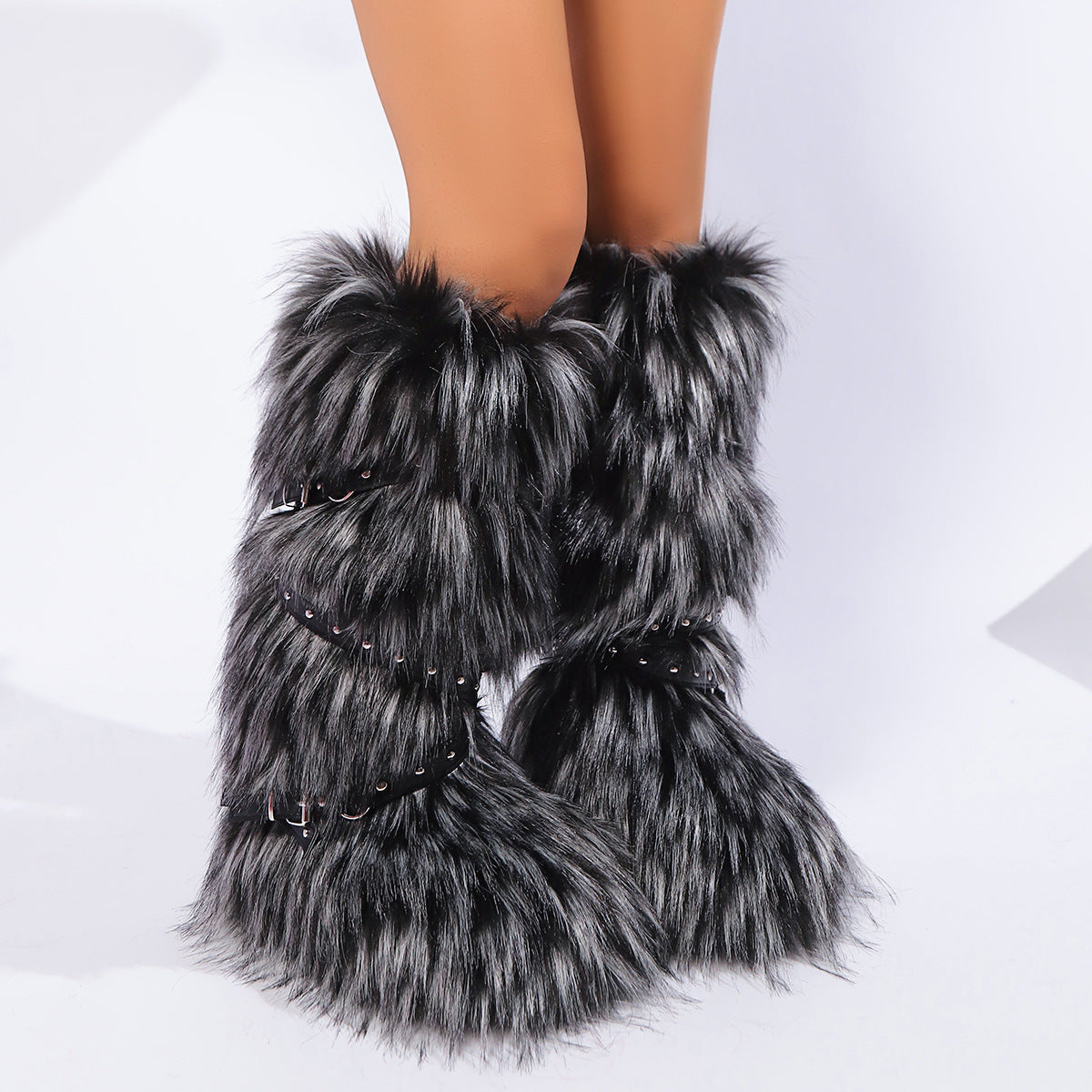 Y2K Faux Fur Boots with Adjustable Buckle Straps for Women