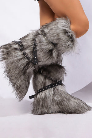y2k faux fur boots with adjustable buckle straps for women in gray 1 Alicefurs