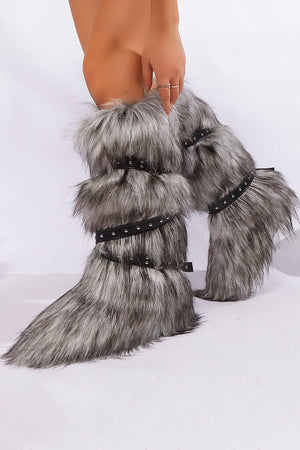 y2k faux fur boots with adjustable buckle straps for women in gray 2 Alicefurs