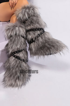 y2k faux fur boots with adjustable buckle straps for women in gray 4 Alicefurs