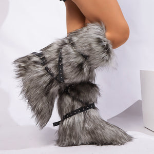 y2k faux fur boots with adjustable buckle straps for women in gray 5 Alicefurs