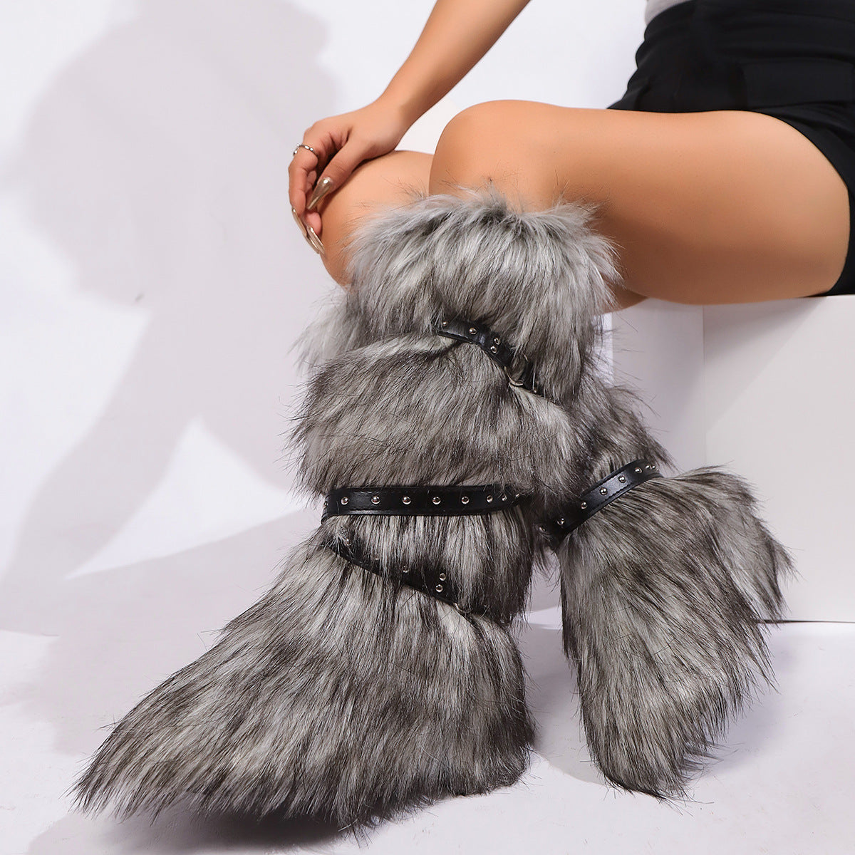 Y2K Faux Fur Boots with Adjustable Buckle Straps for Women
