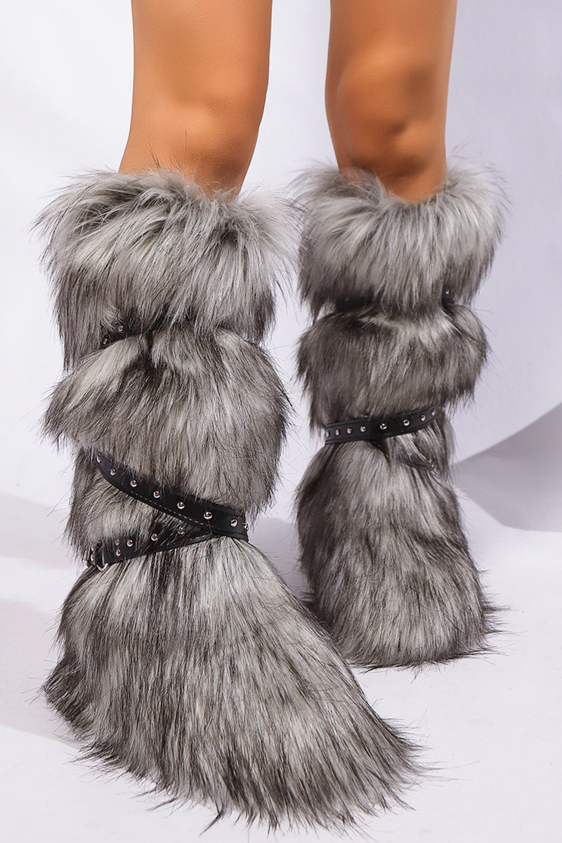 Y2K Faux Fur Boots with Adjustable Buckle Straps for Women