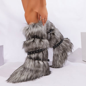 y2k faux fur boots with adjustable buckle straps for women in gray_54ad77c8 309d 4039 a7c8 fdf5a73751d8 Alicefurs
