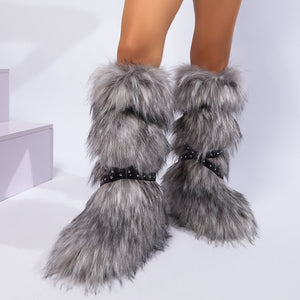y2k faux fur boots with adjustable buckle straps for women in light gray 3 Alicefurs