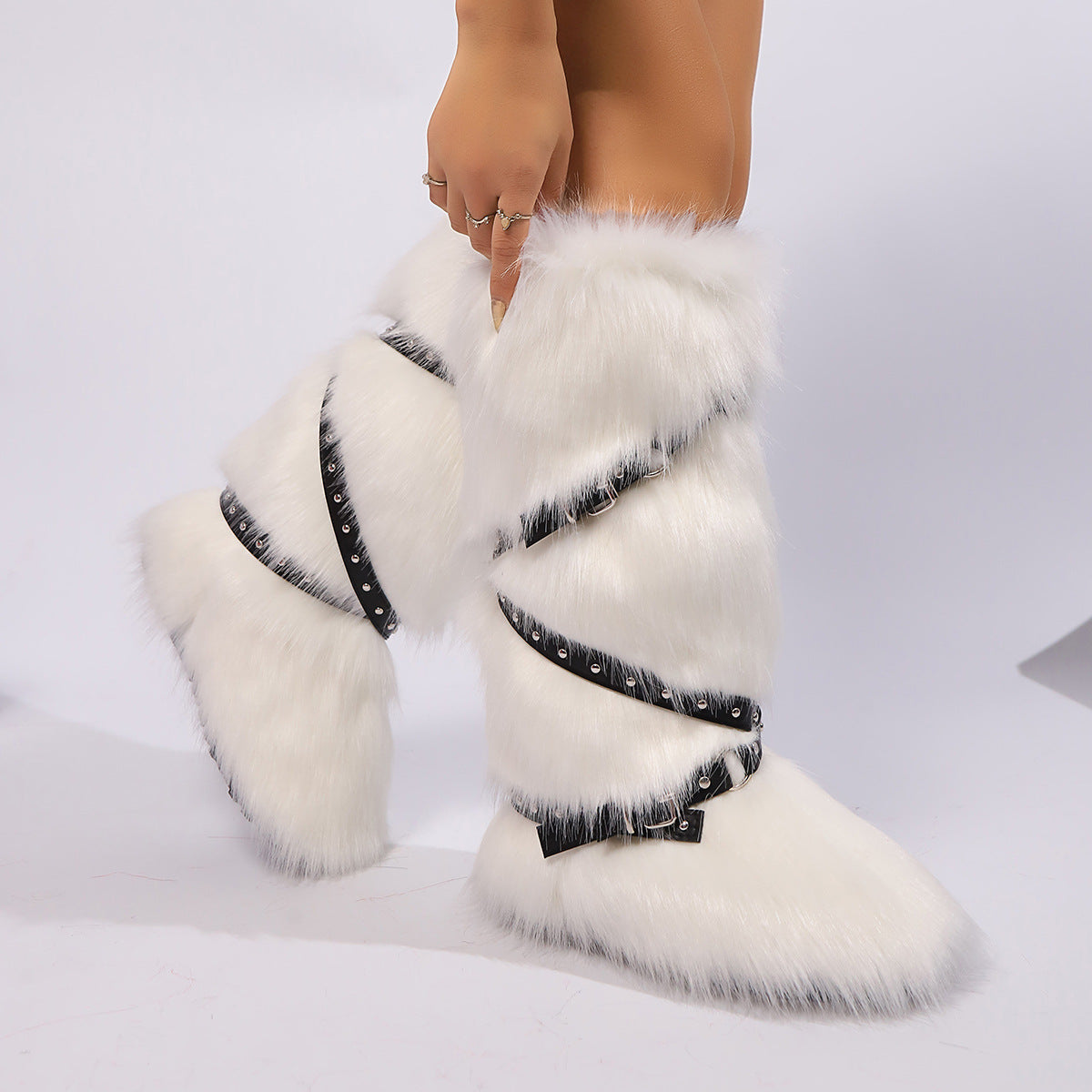 Y2K Faux Fur Boots with Adjustable Buckle Straps for Women