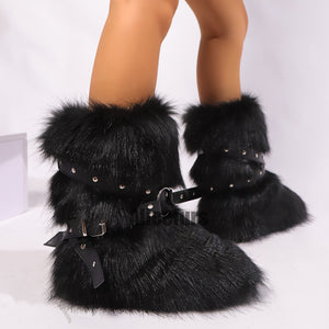 y2k fur boots with wrap buckle straps for women in black 1 Alicefurs