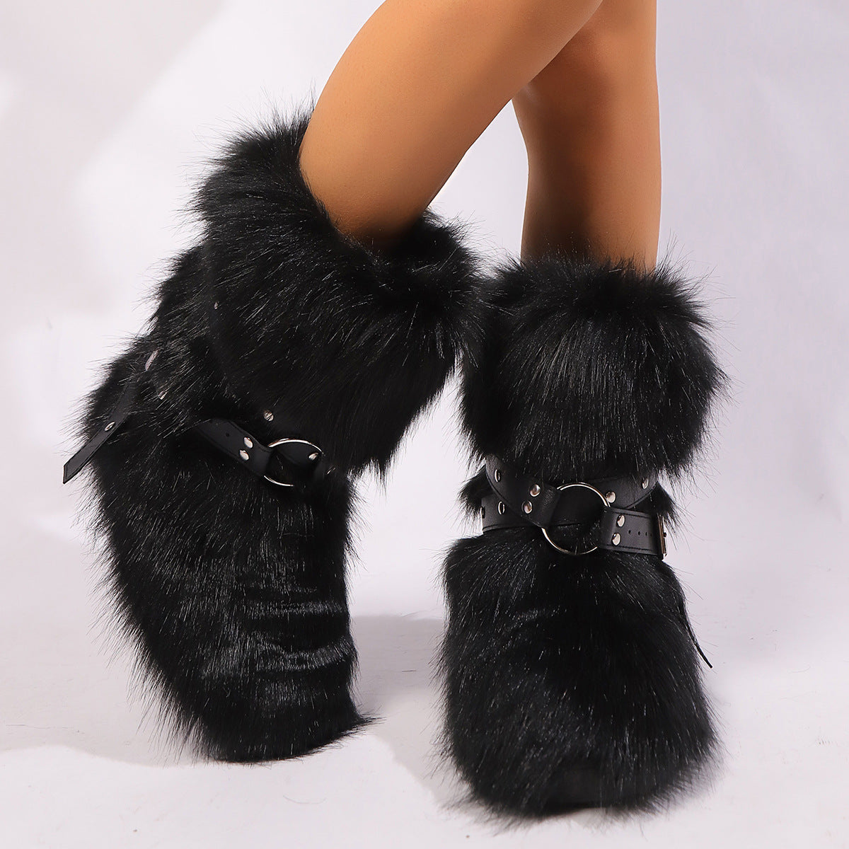 Y2K Fur Boots with Wrap Buckle Straps for Women