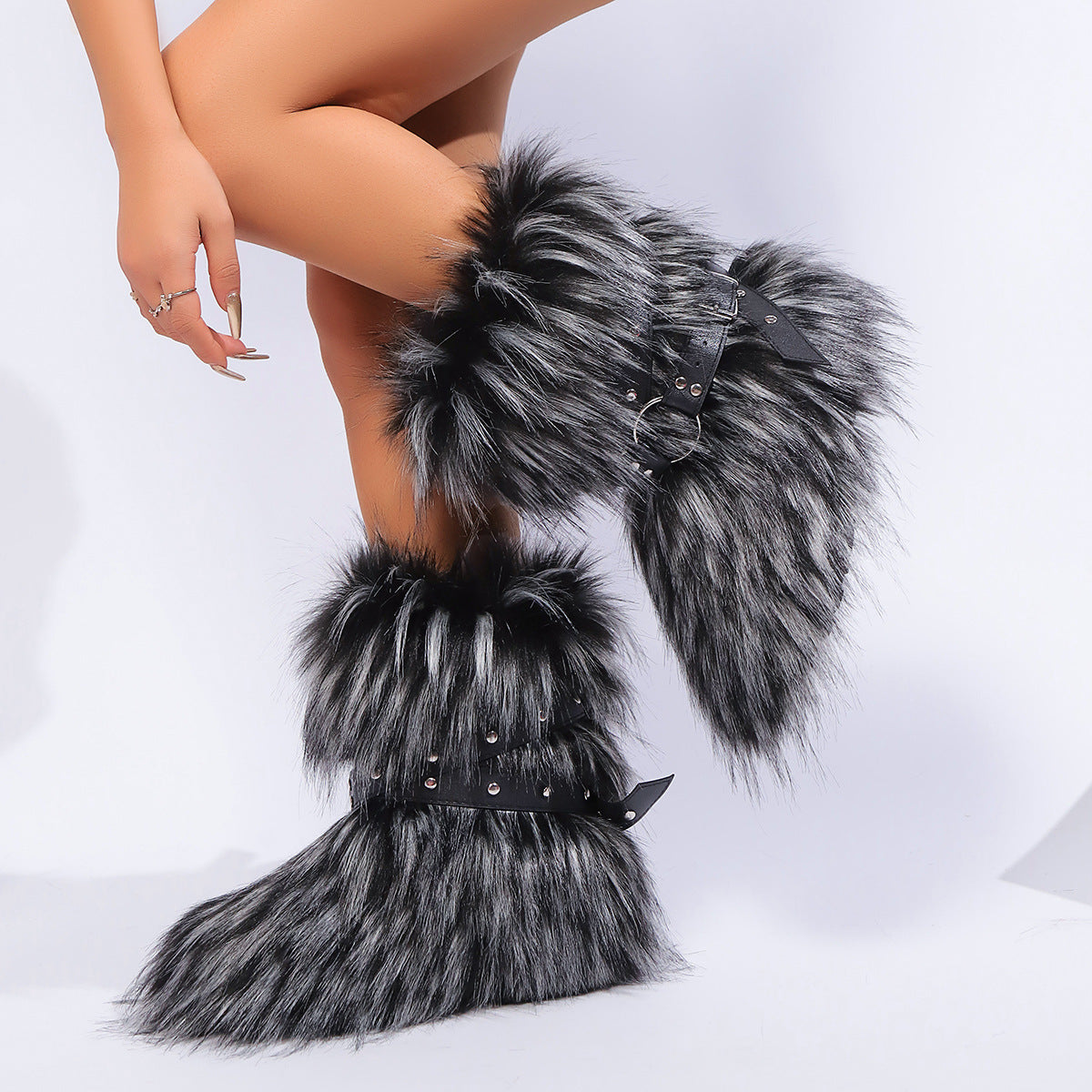 Y2K Fur Boots with Wrap Buckle Straps for Women