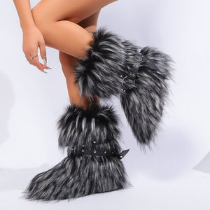 y2k fur boots with wrap buckle straps for women in dusty black 1 Alicefurs