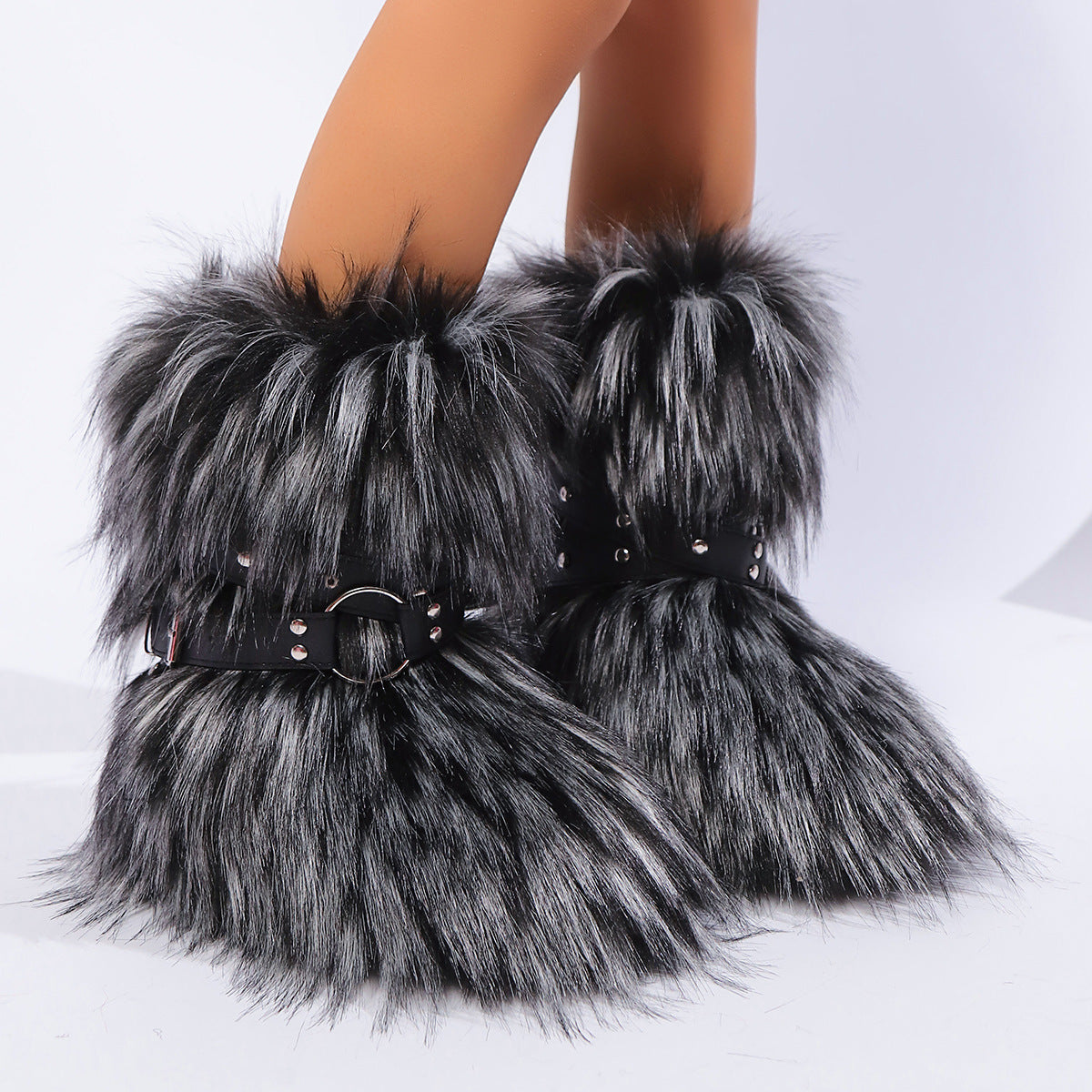 Y2K Fur Boots with Wrap Buckle Straps for Women