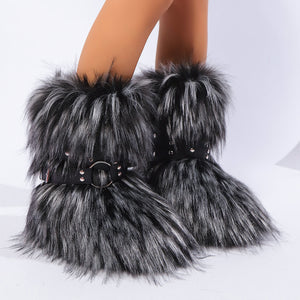 y2k fur boots with wrap buckle straps for women in dusty black Alicefurs