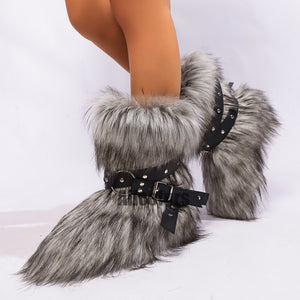y2k fur boots with wrap buckle straps for women in gray 1 Alicefurs