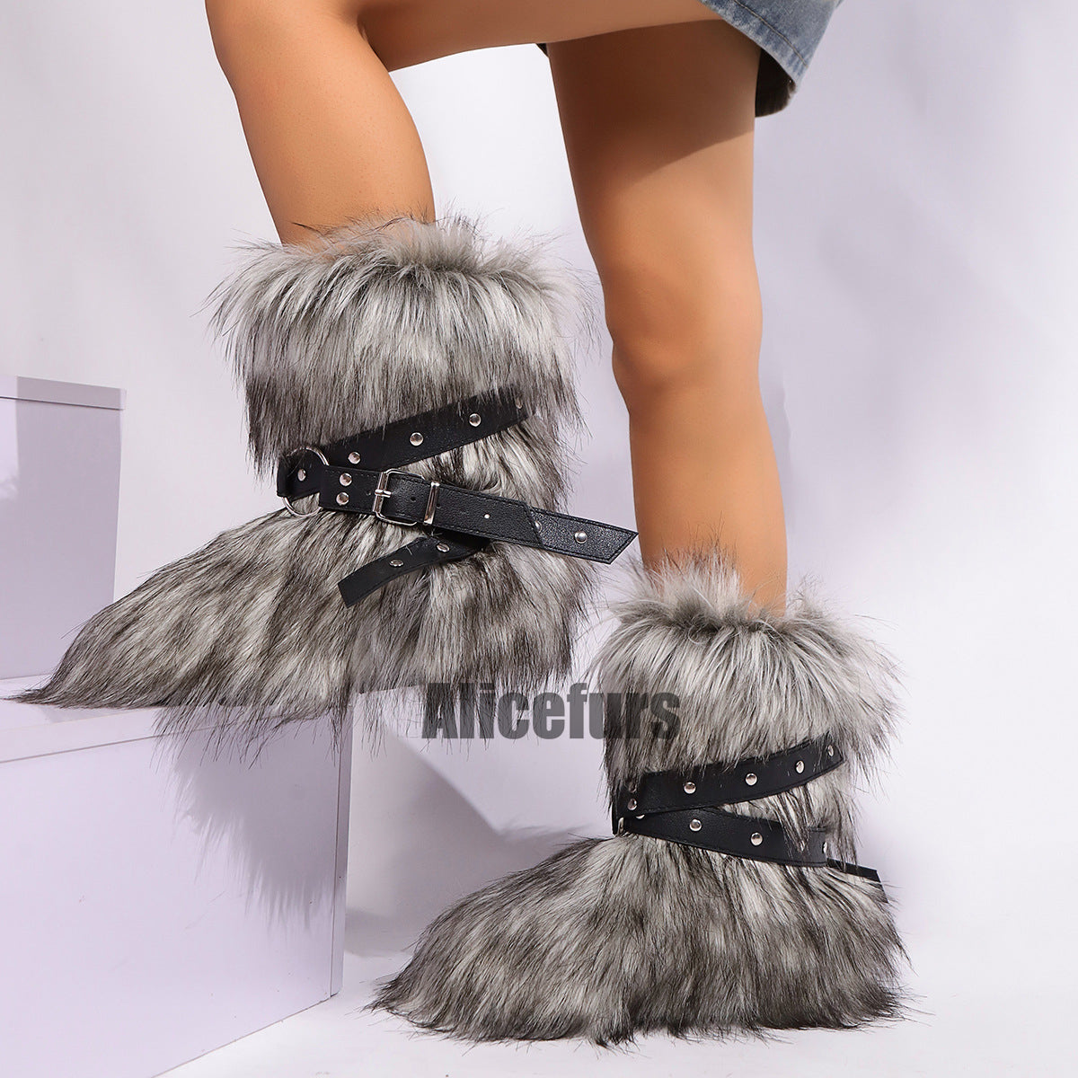 Y2K Fur Boots with Wrap Buckle Straps for Women