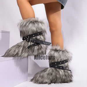 y2k fur boots with wrap buckle straps for women in gray 2 Alicefurs