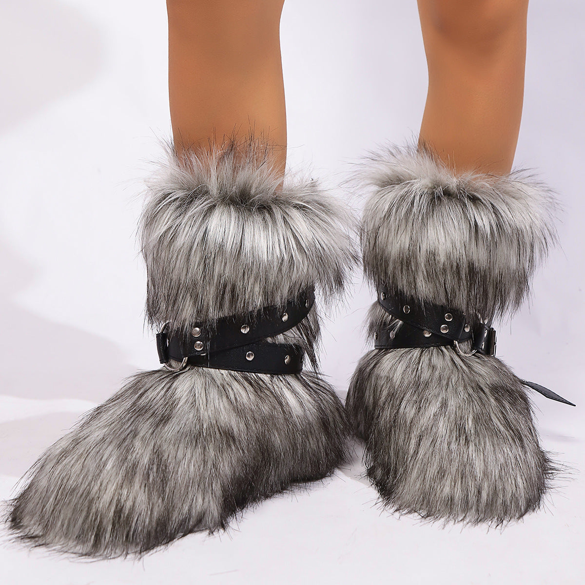 Y2K Fur Boots with Wrap Buckle Straps for Women