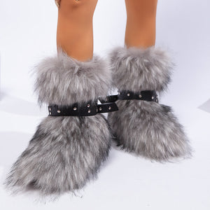 y2k fur boots with wrap buckle straps for women in light gray 1 Alicefurs