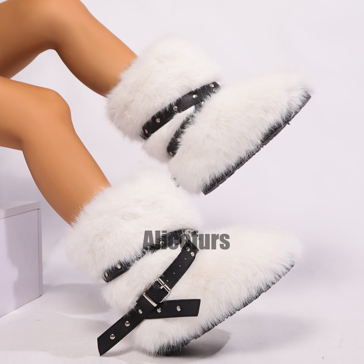 Y2K Fur Boots with Wrap Buckle Straps for Women