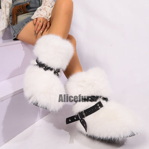 y2k fur boots with wrap buckle straps for women in white 3 Alicefurs