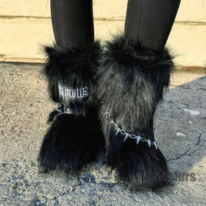 y2k fur boots with wrap straps and chains for women in black 7 Alicefurs