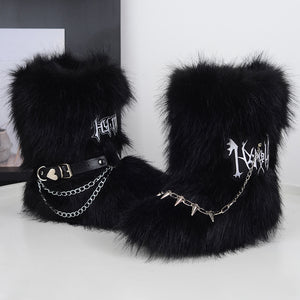 y2k fur boots with wrap straps and chains for women in black Alicefurs