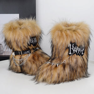 y2k fur boots with wrap straps and chains for women in brown Alicefurs