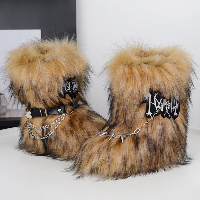 Y2K Fur Boots with Wrap Straps and Chains for Women