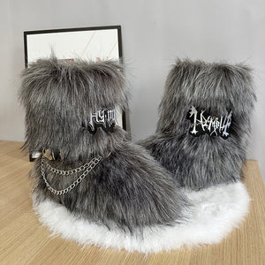 y2k fur boots with wrap straps and chains for women in dark grey Alicefurs