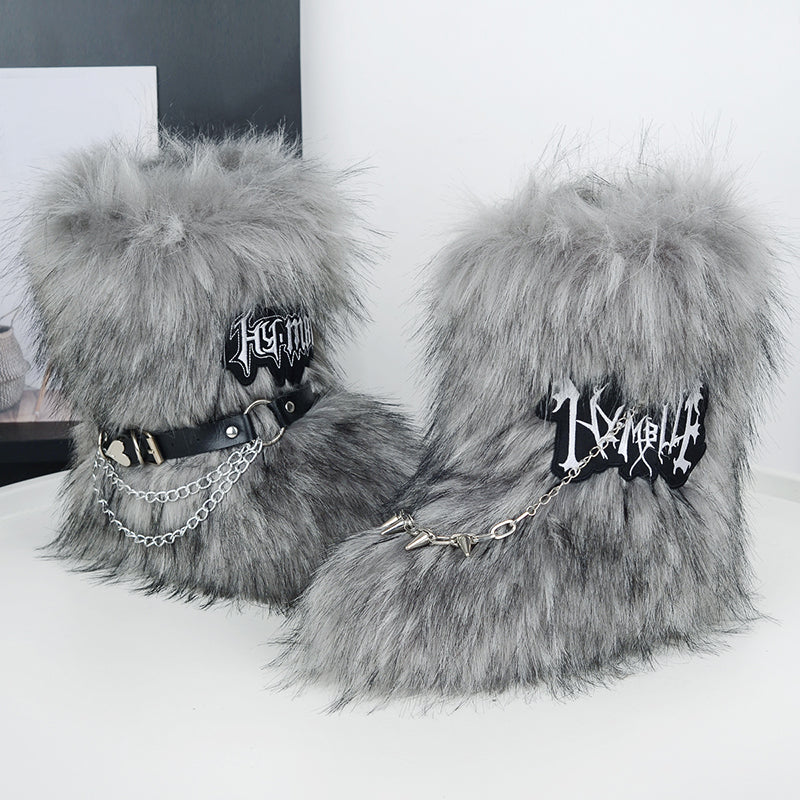 Y2K Fur Boots with Wrap Straps and Chains for Women