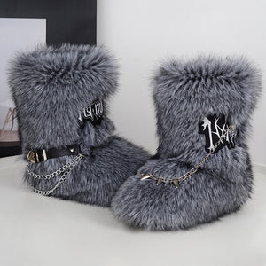 y2k fur boots with wrap straps and chains for women in silver black Alicefurs